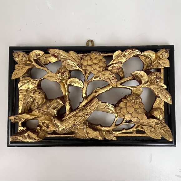 Asian Hand Carved Gilt Wooden Bird Floral Art Hanging 13” x 8” Wall Panel Decor - Picture 16 of 16